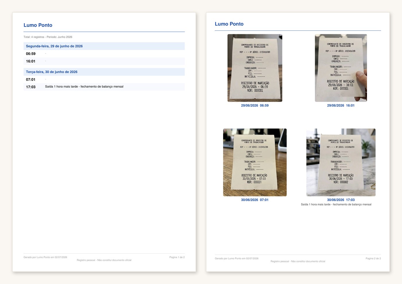 Exemplo de PDF gerado pelo Lumo Ponto, com tabela de registros e fotos dos comprovantes